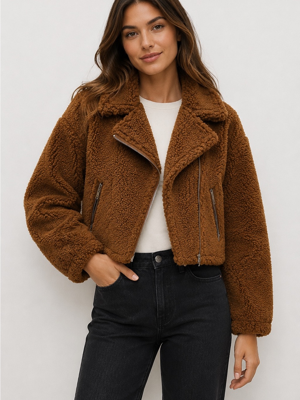 Abercrombie & Fitch Brown Teddy Sherpa Cropped Moto Jacket Size Small
